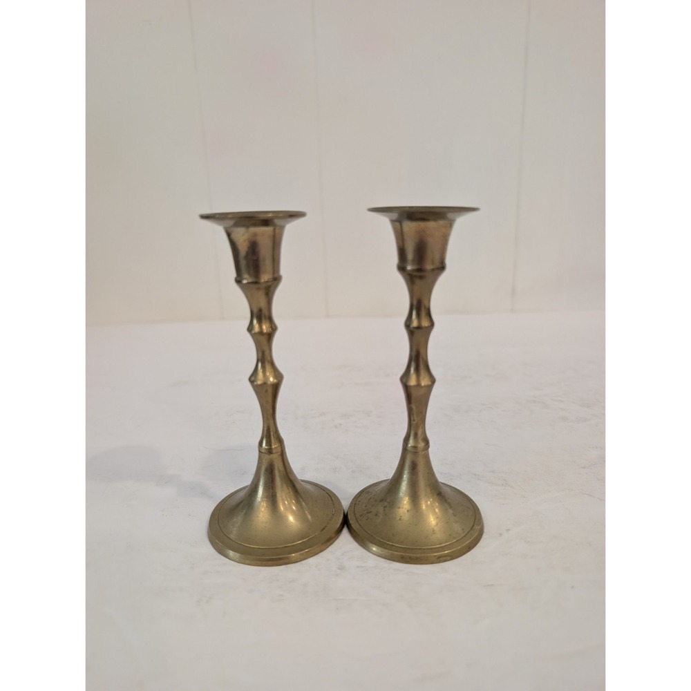 Vintage Brass Candlestick Holders Pair 4.25" Made in India Set Taper Minimalist